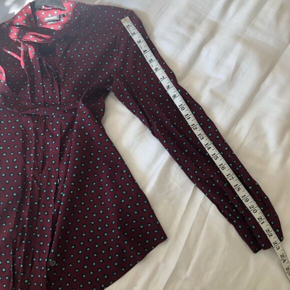 DKNY Burgundy Red Green Dots Print Silk Button Down Shirt - Picture 7 of 7